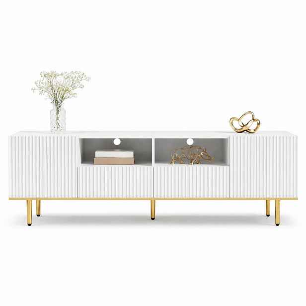 STILVORA TV STOLEK bílý se zásuvkami a zlatými nohami, do obývacího pokoje, 165×36×55 cm