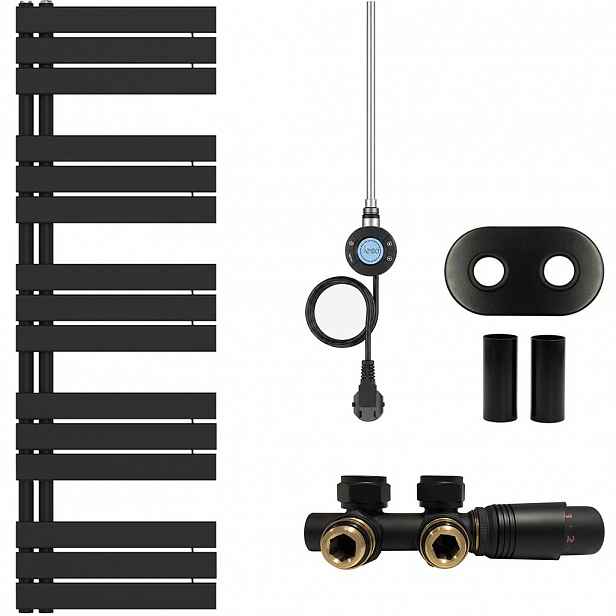 Koupelnový radiátorový set Theo - kombinované vytápění, wifi tyč - asymetrické připojení 50 mm - 600W - černá matná - 1600x500 mm