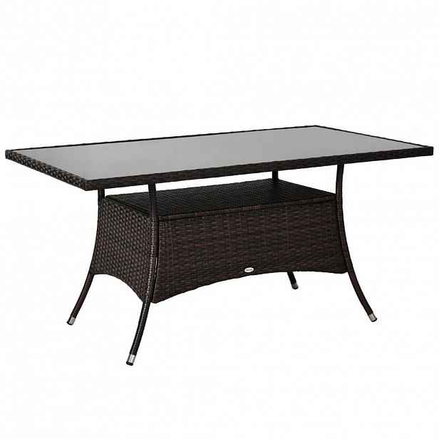 Modfu ZAHRADNÍ stůl z kovu a polyratanu 150x85x74 cm hnědý se skleněnou deskou, odolný proti počasí