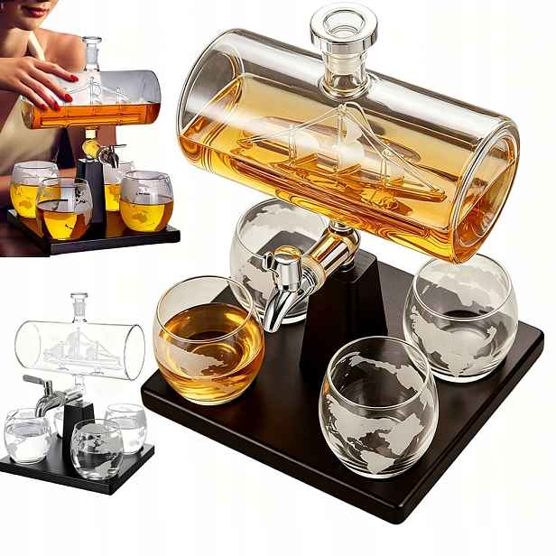 Skleněná karafa na whisky s kohoutkem 1L plachetnice 4 sklenice dárek bar