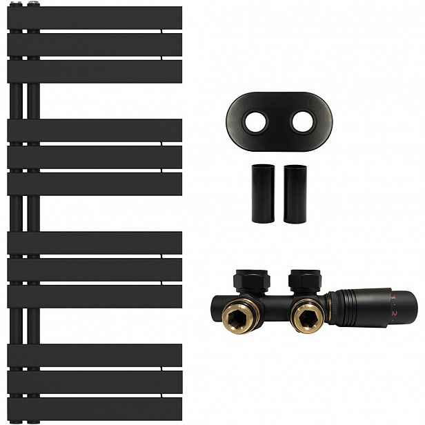 Koupelnový radiátorový set Theo - ústřední vytápění - asymetrické připojení 50 mm - 575W - černá matná - 1200x500 mm