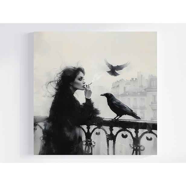 Obraz Na Plátně Canvas Město Terasa Žena Cigareta Pták Havran Mlha 50x50