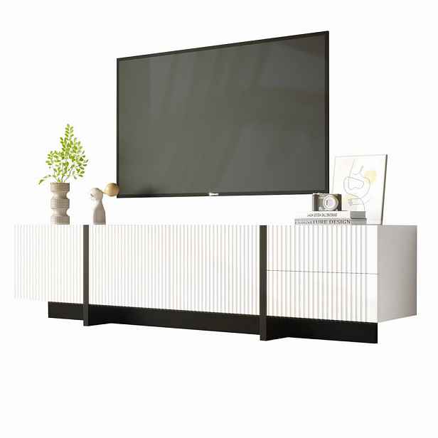 Redom TV stolek 190/35/45 cm s 3 dvířky, 2 zásuvkami a tichými panty, Bílá/Černá