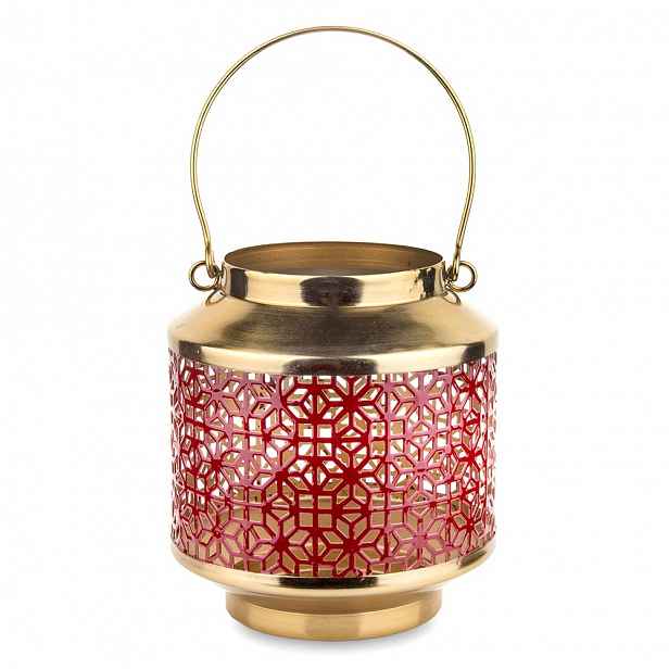 Lampion Kovový Zlatý Červený 26x15cm Svícen Lucerna Glamour 25
