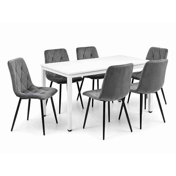 Jídelní set stůl 120x60 cm v loftovém stylu, bílá barva 6 čalouněných židlí v šedé barvě