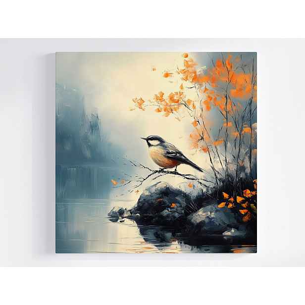 Obraz Na Plátně Canvas Příroda Krajina Pták Sikorka Voda Podzim 50x50