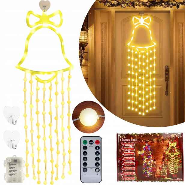 Zvonek Svítící Na Baterie, Vánoční Dekorace, 97 Led Diod, Teplá Bílá Barva