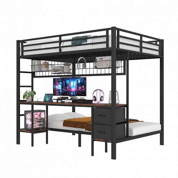 STILVORA HOCHBETT 140/200 cm in Schwarz mit Schubladen, Regal, LED und USB
