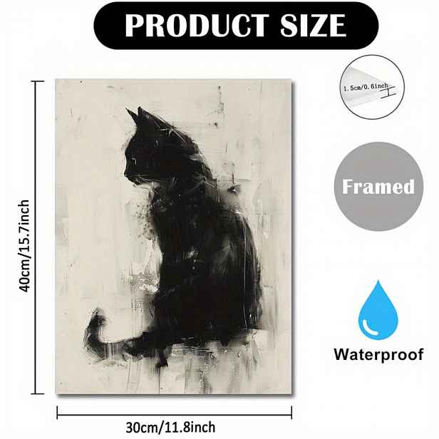 TEMU Umělecký tisk na plátně Černá kočka, snový kouřový design, 11,8" x 15,7" dřevěný rámovaný nástěnný obraz, ideální pro domácí kancelář, obývací