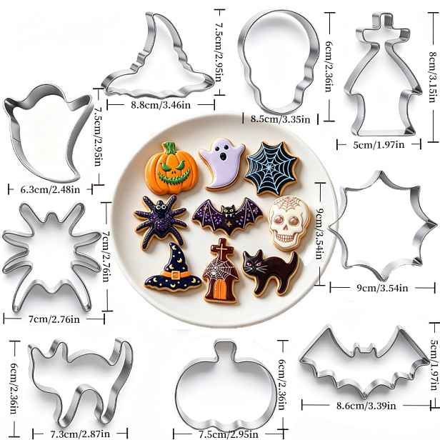 TEMU Univerzální sada 9 ks houbaček na halloweenské sušenky, prémiový materiál z nerezové oceli 430 potravinářské kvality, s ducha/klobouk