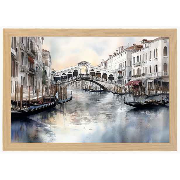 Plakát Rámeček Dřevo Město Itálie Benátky Most Rialto Gondola 60x40