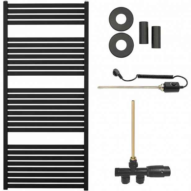 Koupelnový radiátorový set Vincenzo - kombinované vytápění, termo tyč - boční jednobodové připojení - 600W - černá matná - 1330x600 mm