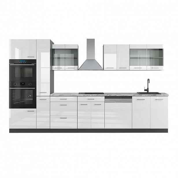 Vicco KUCHYNĚ R-Line Bílý vysoký lesk/antracit 350 cm s vysokou skříní, PD Mramor