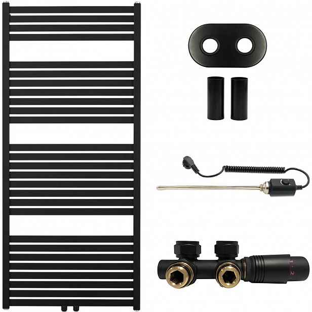 Koupelnový radiátorový set Vincenzo - kombinované vytápění, termo tyč - středové připojení 50 mm - 600W - černá matná - 1340x600 mm