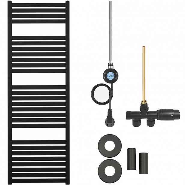 Koupelnový radiátorový set Vincenzo - kombinované vytápění, wifi tyč - boční jednobodové připojení - 300W - černá matná - 1330x450 mm