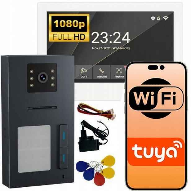 Videotelefon 2-vodičový WiFi 7" Tuya 1080p IP65 čtečka Rifd dva zámky