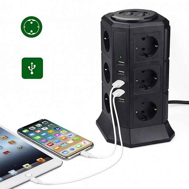Zásuvková lišta Věž rychlého nabíjení 3x Usb-a 2x Usb 12x Ac Eu 2 m Síťová