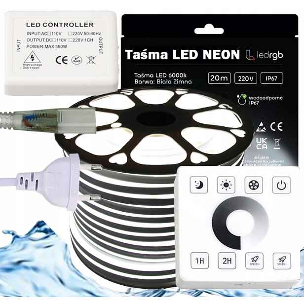 Set Led pásek Neon 230V 20m 6000K Bílý Studený Napájecí Zdroj Ovladač Dálkový Ovladač
