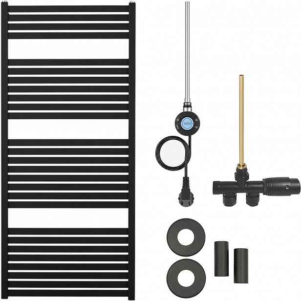 Koupelnový radiátorový set Vincenzo - kombinované vytápění, wifi tyč - boční jednobodové připojení - 600W - černá matná - 1330x600 mm