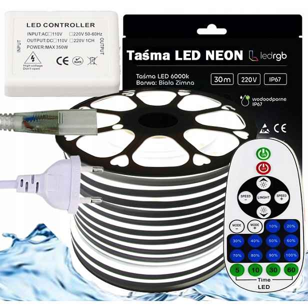 Set Led pásek Neon 230V 30 m 6000K Bílý Studený Napájecí Zdroj Ovladač Dálkový Ovladač