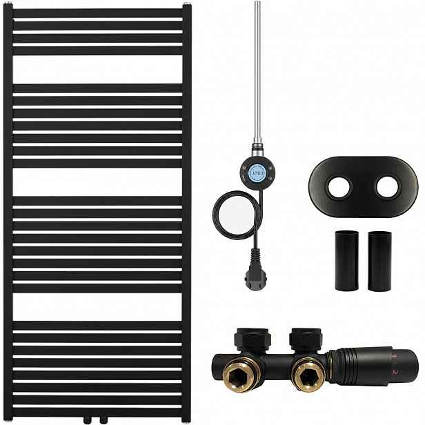 Koupelnový radiátorový set Vincenzo - kombinované vytápění, wifi tyč - středové připojení 50 mm - 600W - černá matná - 1340x600 mm