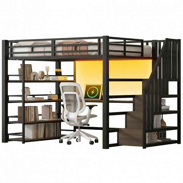 Redom VYSOKÁ postel 140/200 cm se schody, psacím stolem, policemi, USB a LED osvětlením, Černá