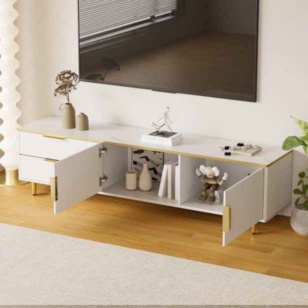 Redom TV stolek 170/37/45 cm s vyřezávaným dekorem, úložným prostorem a zlatými detaily, Bílá