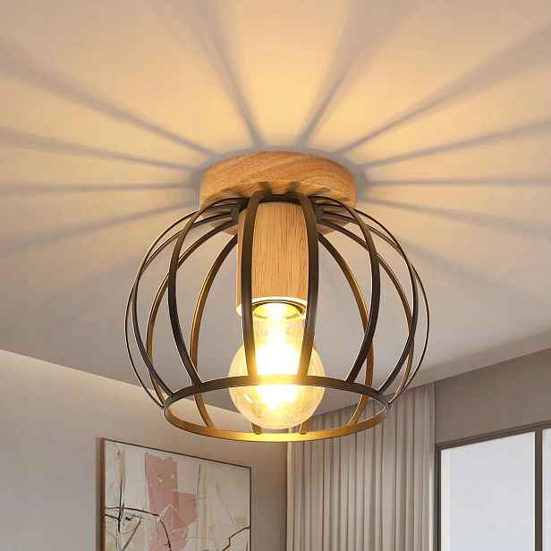 Stropní svítidlo E27 černá závěsná lampa dřevo kulatá retro do obývacího pokoje