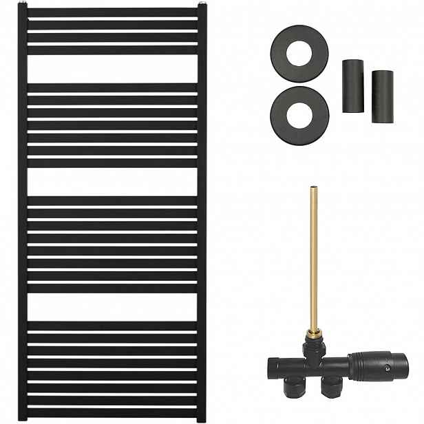 Koupelnový radiátorový set Vincenzo - ústřední vytápění - boční jednobodové připojení - 600W - černá matná - 1330x600 mm