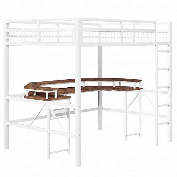 STILVORA HOCHBETT 140/200 cm in Weiß mit LED, Schreibtisch, USB/Type-C und Lochwand