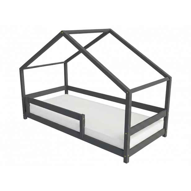 Benlemi Dětská postel domeček LUCKY s předním štítem Zvolte barvu: Tmavě šedá, Zvolte rozměr: 90x190 cm, Zvolte zábranu: S přední zábranou