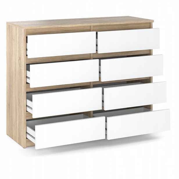 Komoda S 8 Zásuvkami Dub Sonoma Bílá Matná 120 CM Skříňka Do Obývacího Pokoje Ložnice