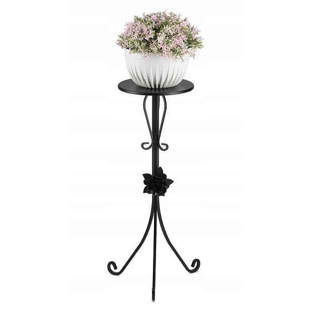 Kovový květináč s růží, stojan na květináče, květiny, 75 cm, černý