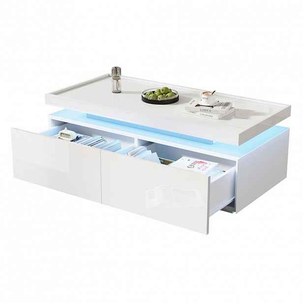 Modfu KONFERENČNÍ stolek z dřevotřísky 95x45x35 cm bílý s LED osvětlením, 2 zásuvkami a vysokým leskem