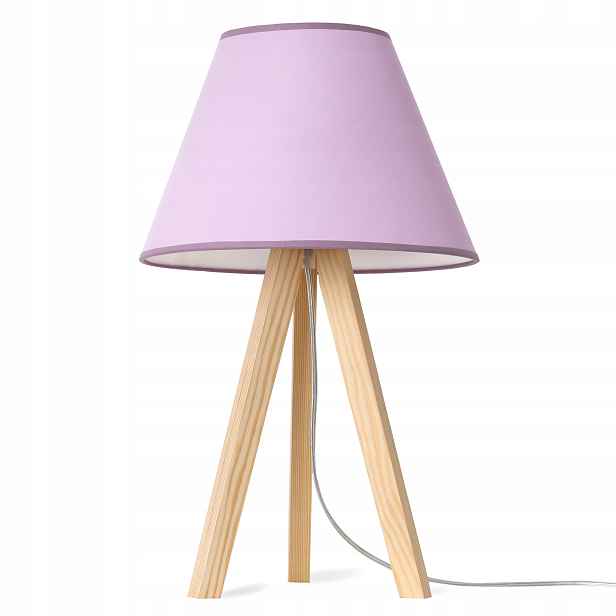 Noční Lampa Stolní Trojnožka Dřevěná S Fialovým Stínítkem Do Ložnice