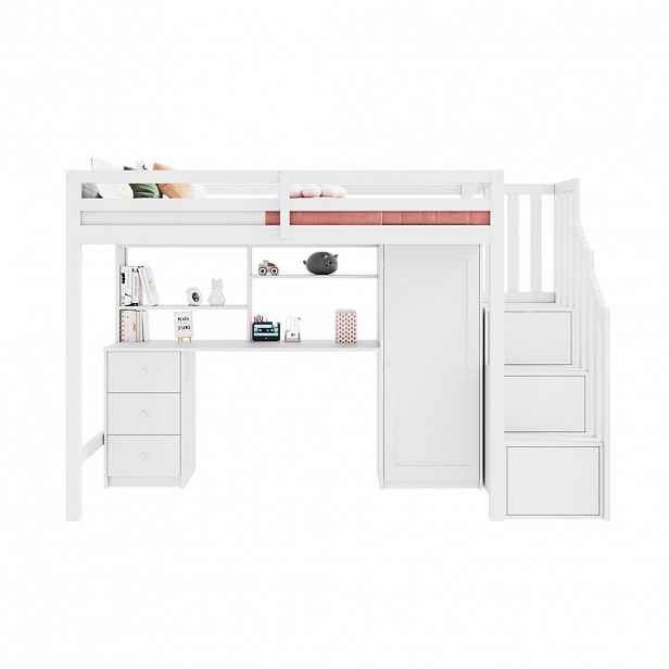 STILVORA ETAGENBETT 90/200 cm in Weiß Kinderbett mit Schreibtisch, Kleiderschrank, Schubladen und Treppe Massivholz Design
