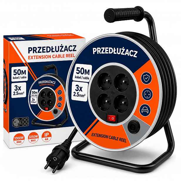 Prodlužovací Kabel Bubnová 50 m Kovový Buben Kabel 3×2,5 mm Zahradní Stavební