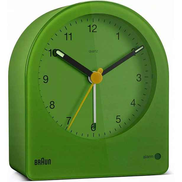 Zelený Ručičkový Budík Braun BC22GN Alarm Zdřímnutí Senzor Světla