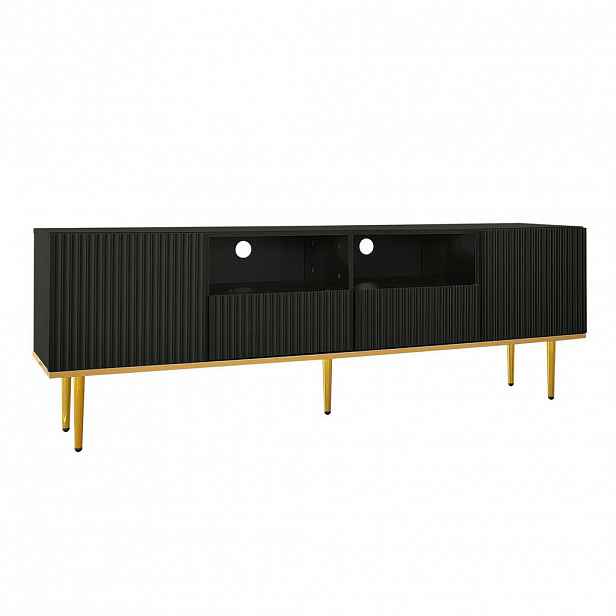 Redom TV stolek 165/36/55 cm s úložným prostorem, zlatými detaily a bezúchytkovým otevíráním, Černá