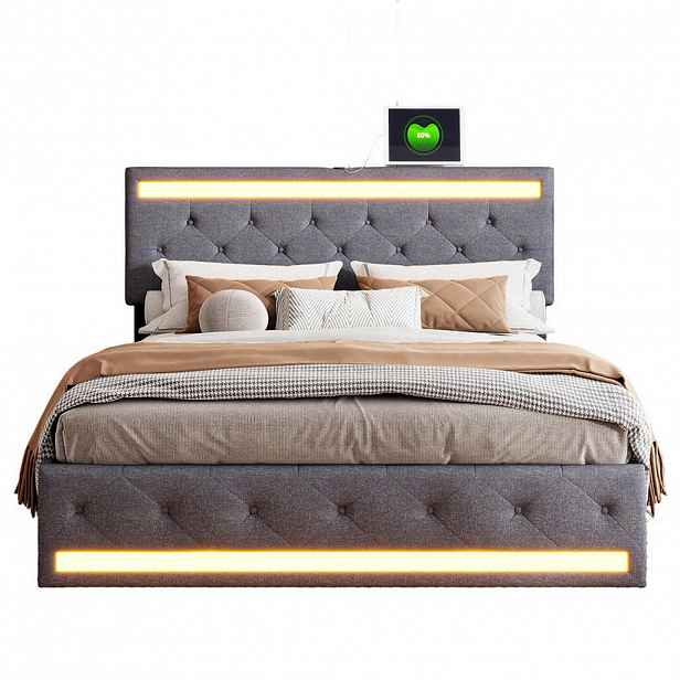 SHOPENTRA MANŽELSKÁ postel 160x200cm šedý lněný LED zásuvky s USB typu C