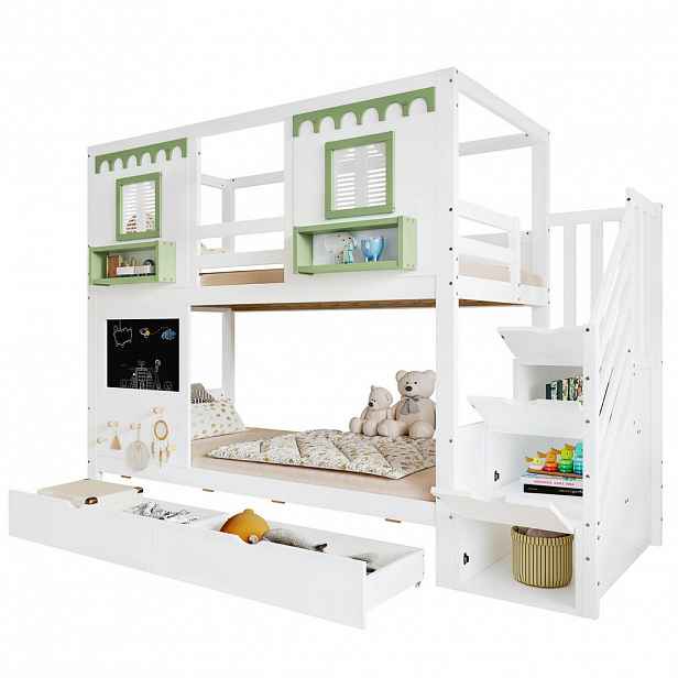STILVORA ETAGENBETT 90/200 cm in Weiß & Grün Kinderbett mit 2 Schubladen, Treppenregal und Lochwand
