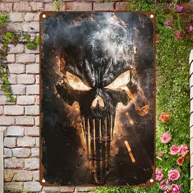 TEMU 2D Plochá, Jednodílná Kovová Cedule Punisher s Plamennou Lebkou, Nástěnná Dekorace a Plaketa, Ideální pro , , Kanceláře, Pracovny, Garáže atd.
