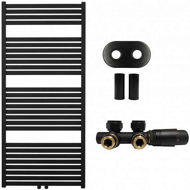 Koupelnový radiátorový set Vincenzo - ústřední vytápění - středové připojení 50 mm - 600W - černá matná - 1340x600 mm