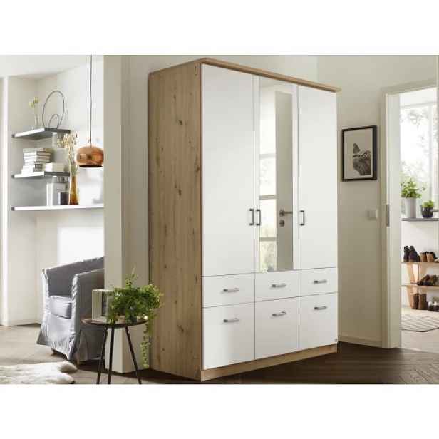 Šatní skříň se zrcadlem Bremen, 136 cm, dub artisan/bílá
