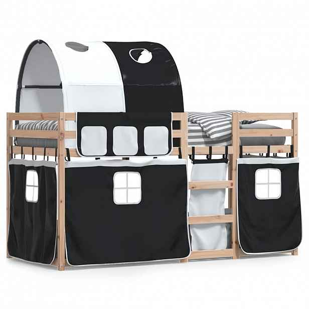vidaXL Dětská patrová postel se závěsy bílá a černá 90x200 cm borovice