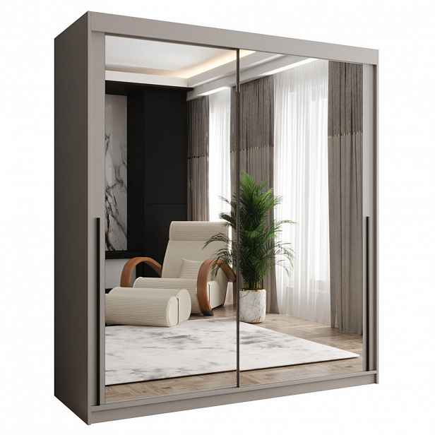 Home Collective ŠATNÍ SKŘÍŇ S POSUVNÝMI DVEŘMI se zrcadlem, šířka 180 cm, kašmírová s černým madlem