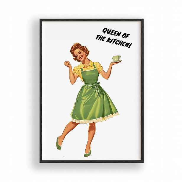 Obraz Queen of the Kitchen Retro Plakát Rámeček Dřevěný Černý 30x42 cm