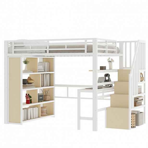 STILVORA HOCHBETT 140/200 cm in Weiß mit Schreibtisch, Regal, LED und Stauraumtreppe