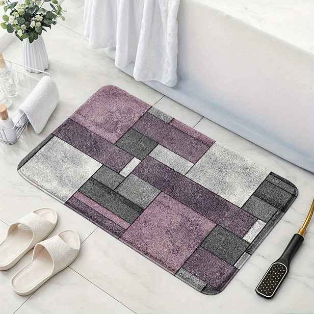 TEMU 1ks Moderní geometrický barevně blokový koupelnový koberec - plyšová imitace kašmíru s protiskluzovou podložkou TPR, 1cm tlustá pratelná lehká