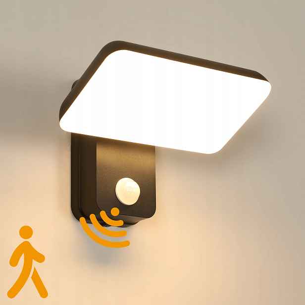 Venkovní nástěnné svítidlo, černá lampa s pohybovým senzorem, 16W, 3000K, IP65